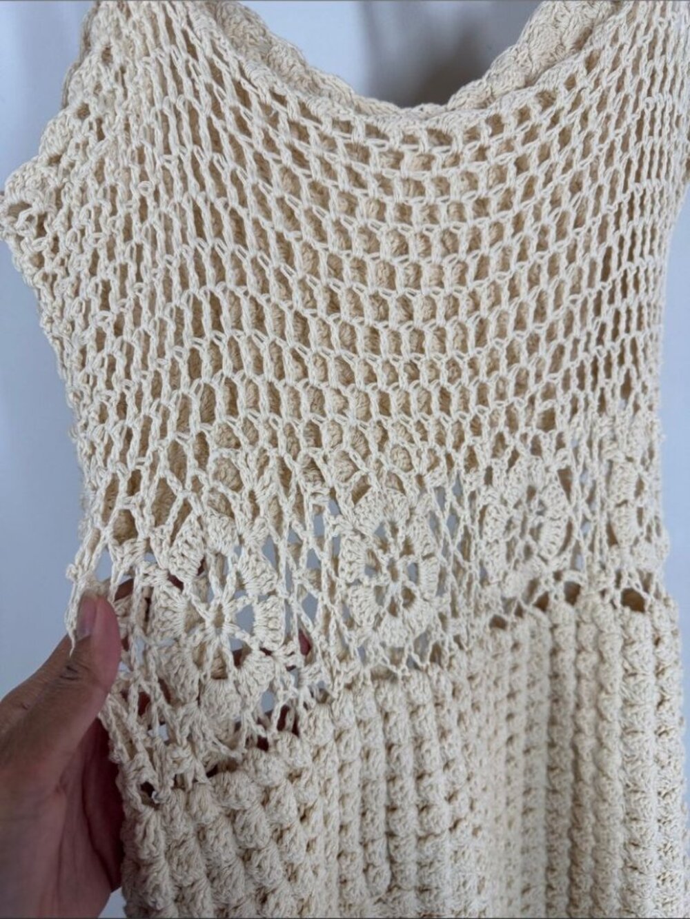 Hand Crocheted Cream Cover Up Dress Boho Festival Beach Resort Summer Vacation - Picture 12 of 13